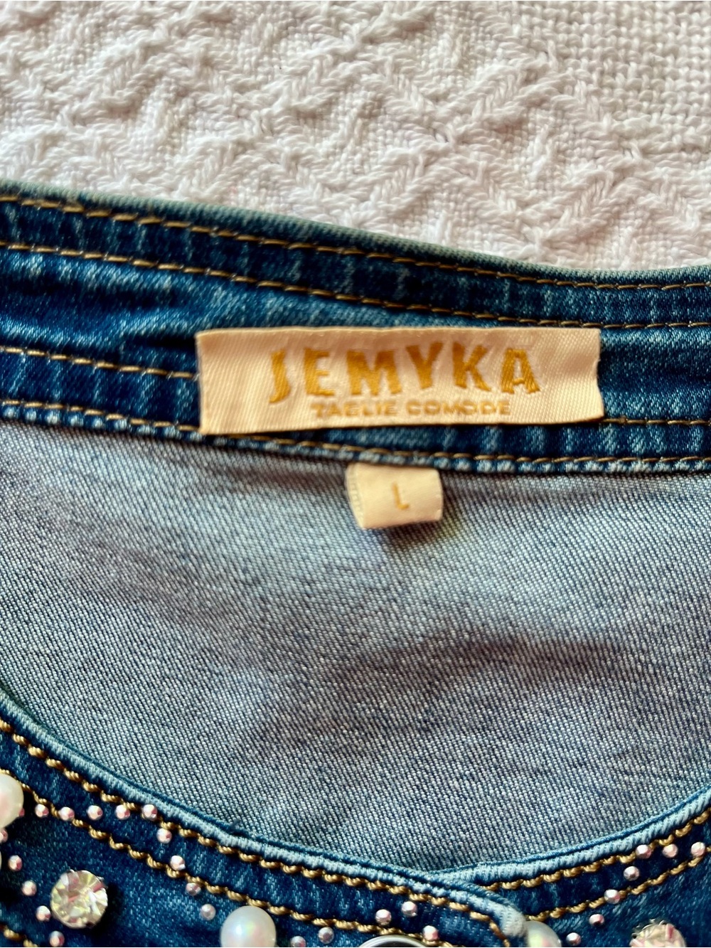 Embellished Blue Denim Jacket with Pearl & Glittery Rhinestone Accents - Picture 7 of 9